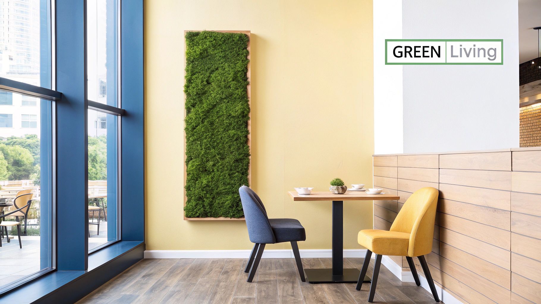A stunning vertical garden feature wall in a modern living room, with lush green plants creating a vibrant, living art piece.