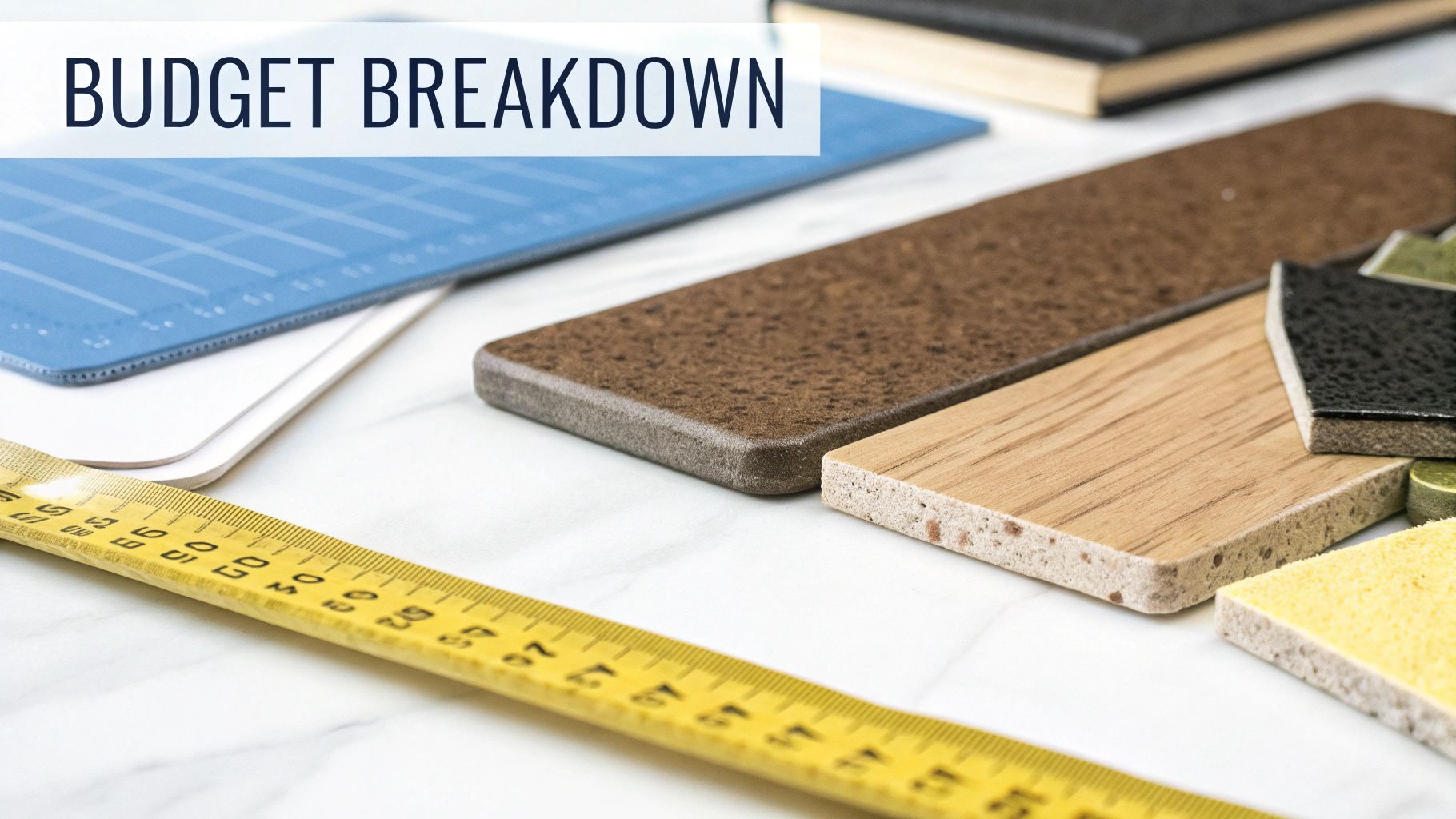 Material samples, measuring tape, and cutting mat laid out for a budget breakdown.