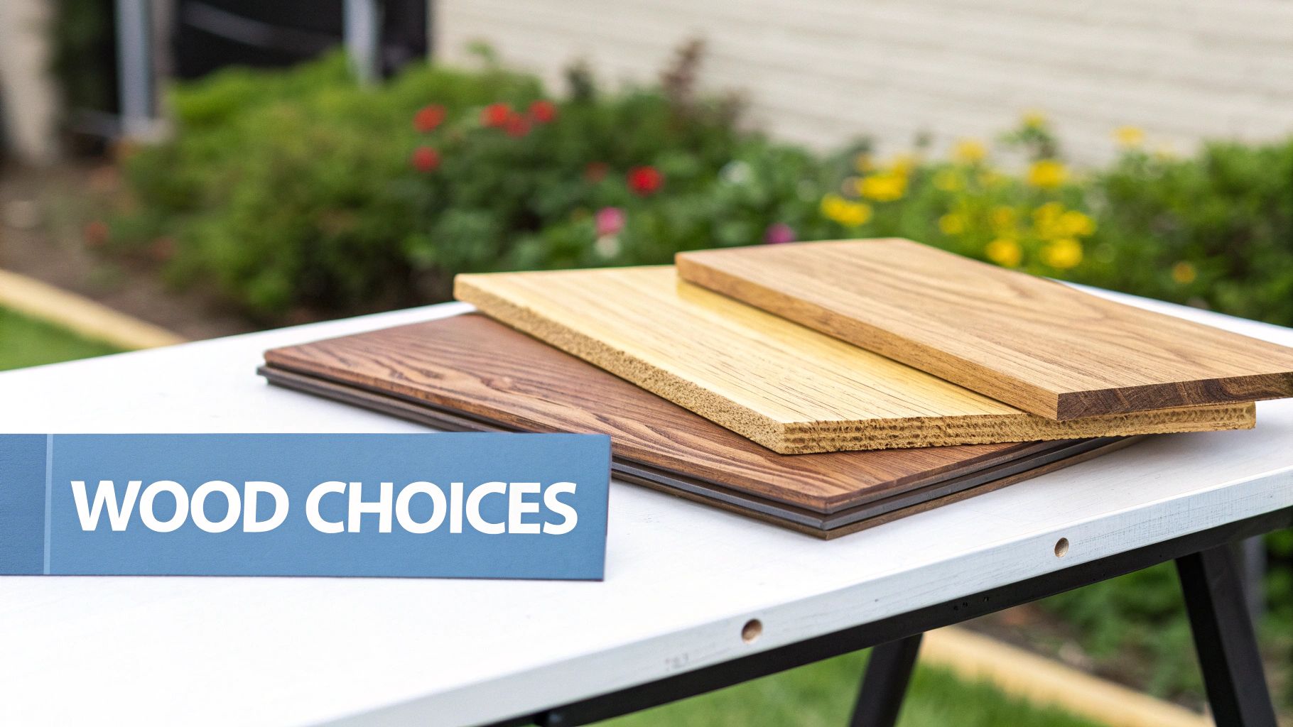 Various wood samples in light, medium, and dark tones stacked on a table with a 'WOOD CHOICES' sign.