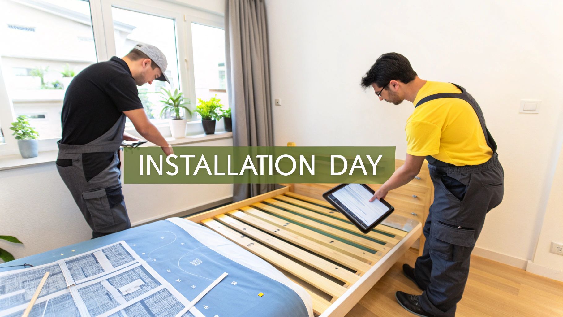 A skilled carpenter meticulously assembling a custom bed frame in a workshop, showcasing the craftsmanship involved in the fabrication process.