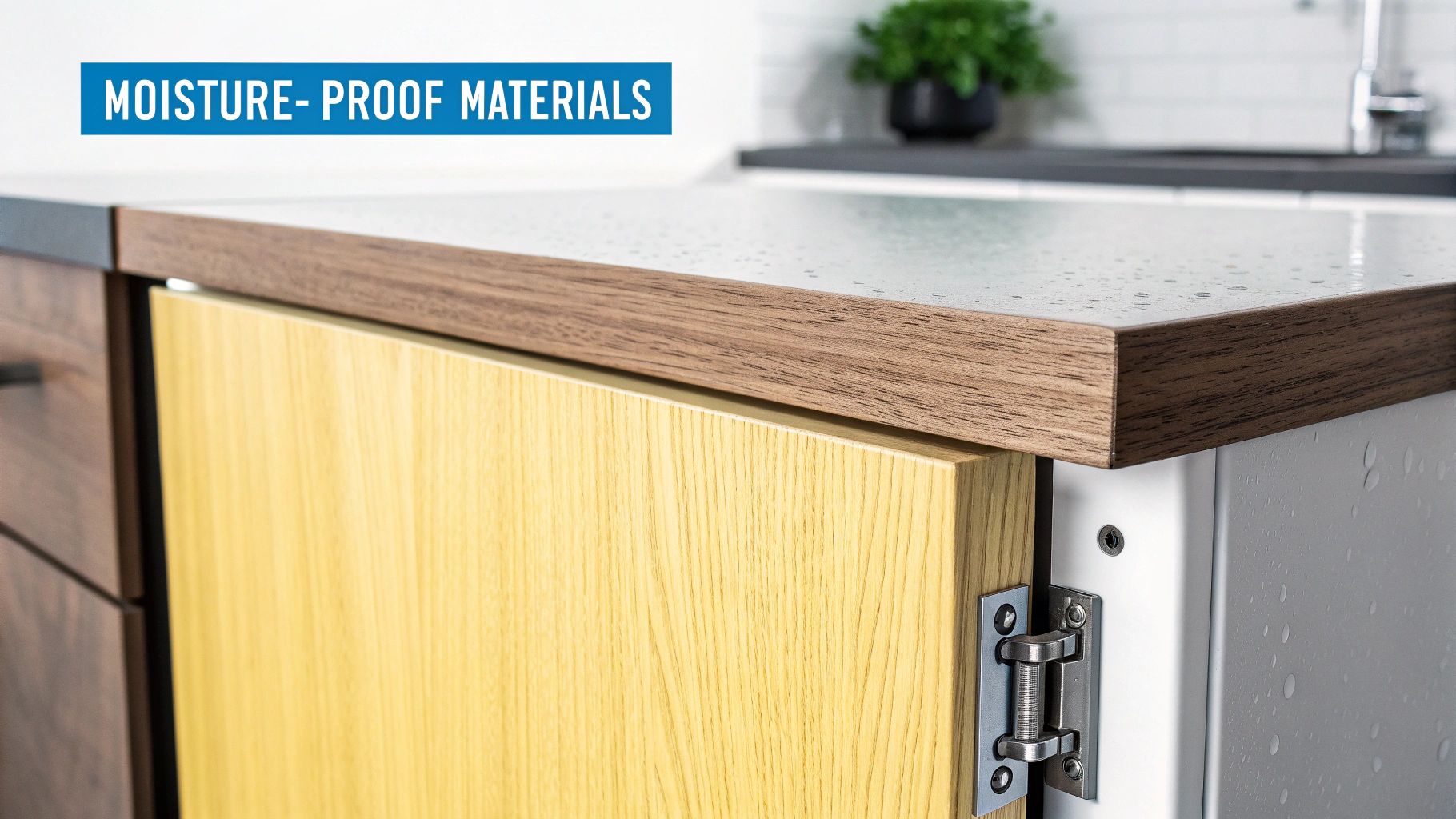 Modern moisture-proof bathroom cabinet with wood grain finish and water droplets on countertop