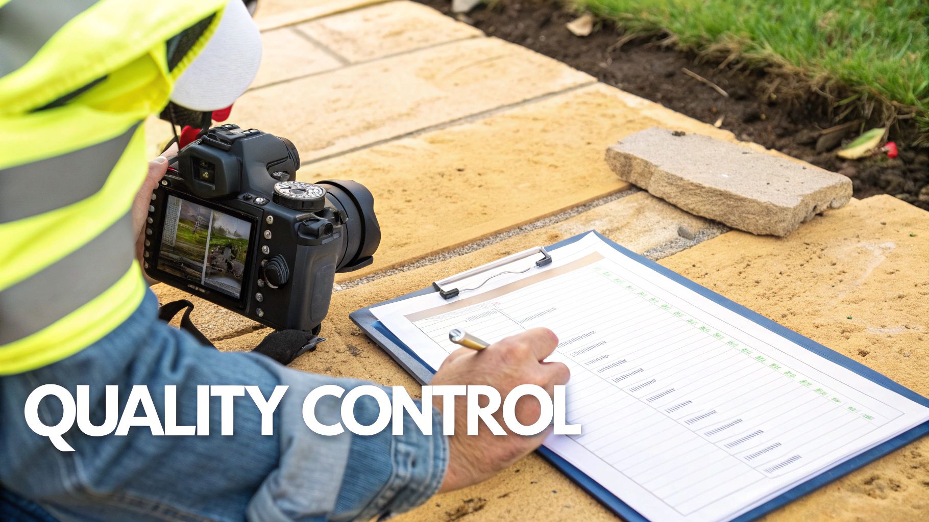 A person in a safety vest conducting quality control, photographing a construction area and writing on a clipboard.