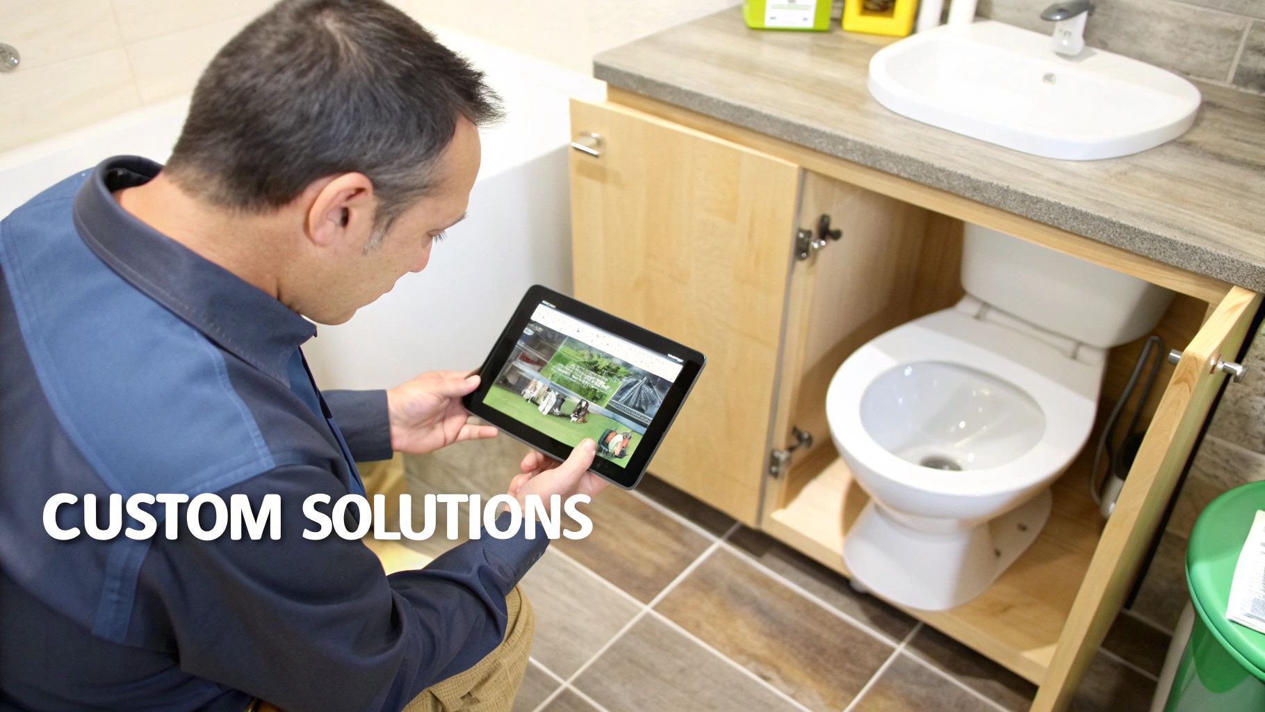 A man in a blue shirt is looking at a tablet in a modern bathroom with a sink and a toilet built into a cabinet.