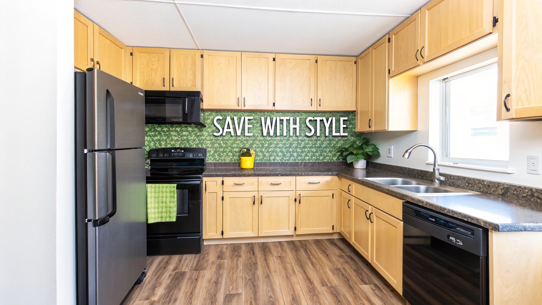 A bright kitchen featuring light wood cabinets, stainless steel appliances, and a green patterned backsplash.