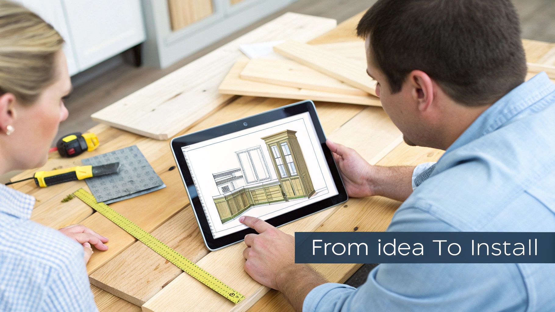 Two people review a digital design of custom cabinets on a tablet, surrounded by woodworking tools and lumber, planning a project.
