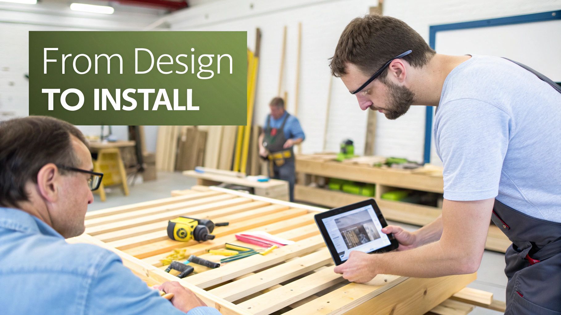 Two carpenters review custom bed frame designs on a tablet in a workshop, showcasing the design to install process.