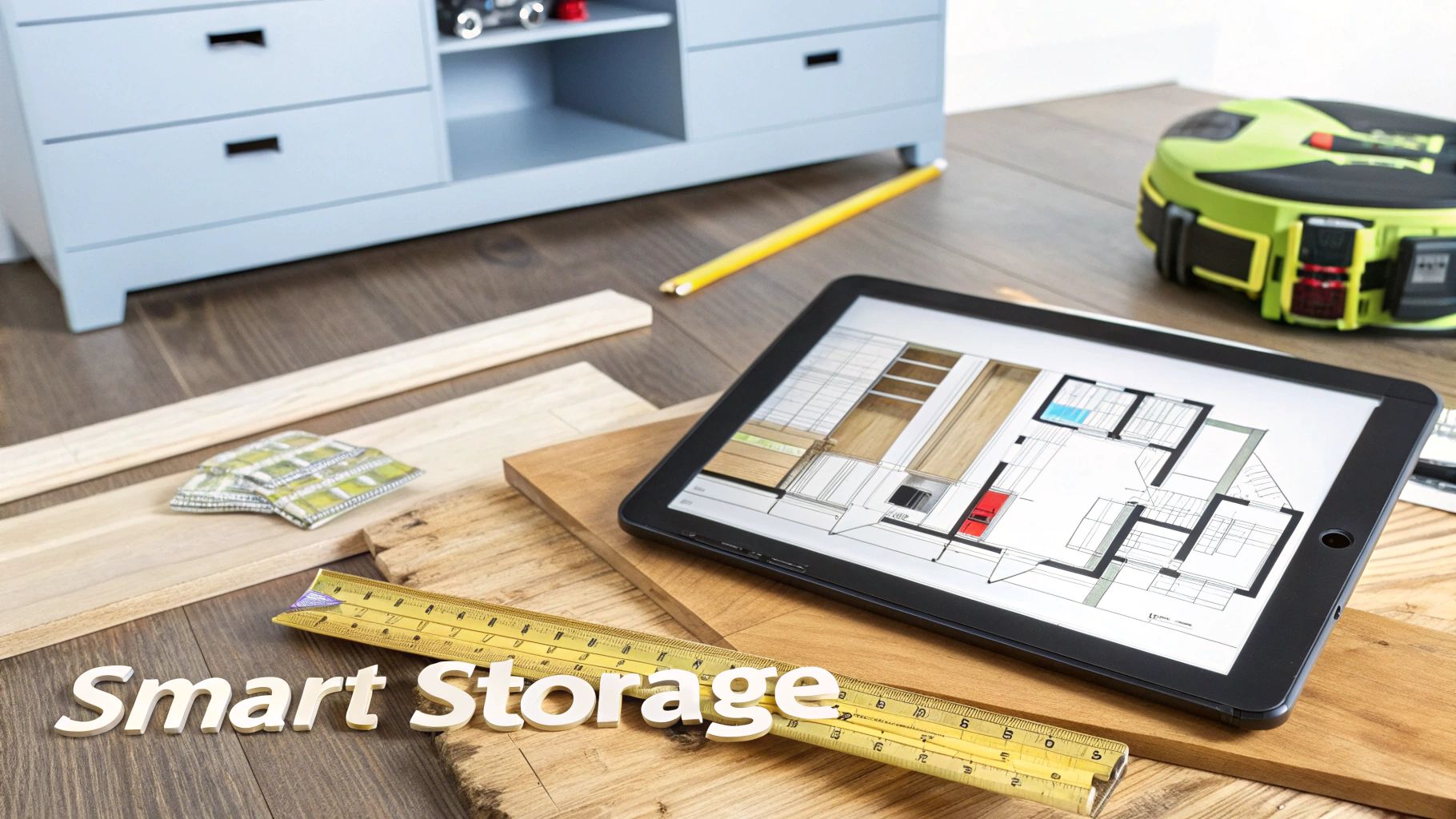 A tablet displaying home renovation plans and smart storage designs, surrounded by woodworking tools and materials.