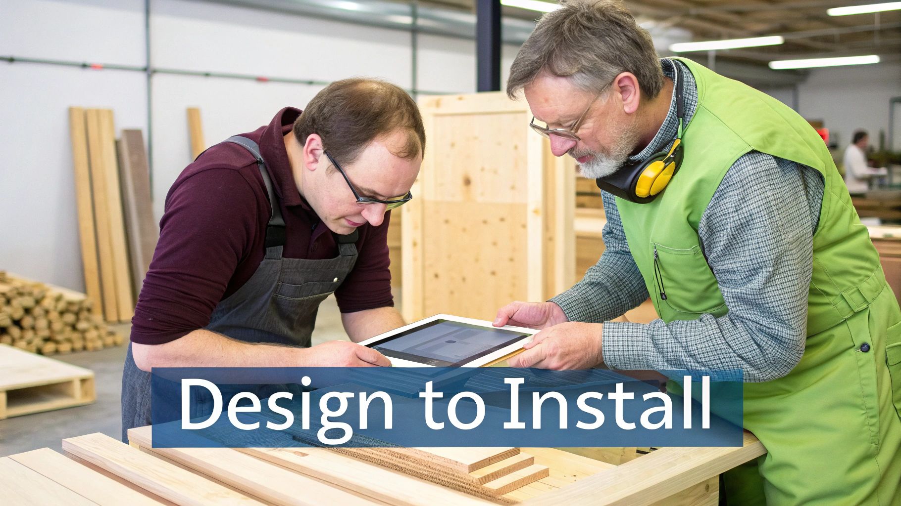 Two craftsmen review a furniture design on a tablet in a busy woodworking workshop.