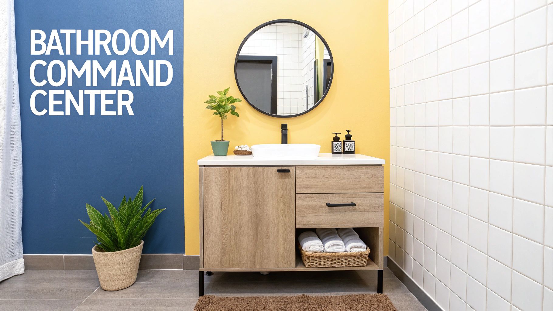 A modern bathroom features a wood vanity, white sink, round mirror, plants, and colorful walls.