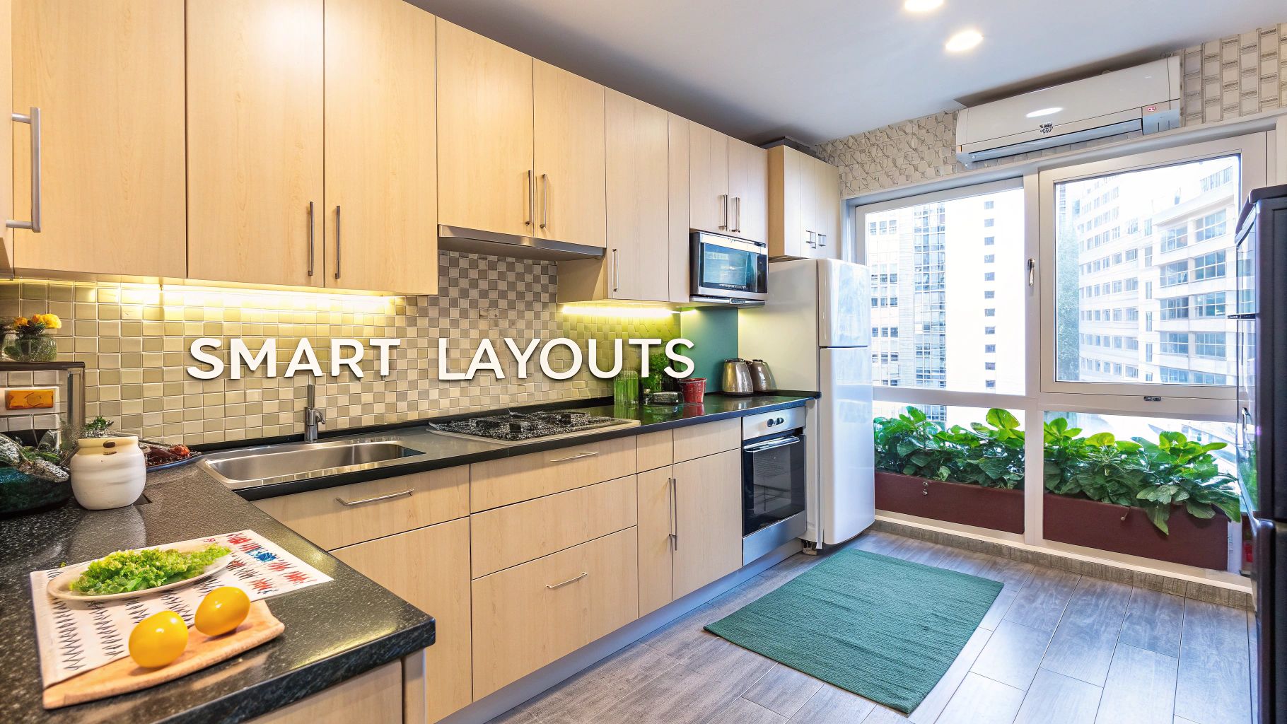A well-organized modern kitchen with a smart layout, showcasing efficient use of space.
