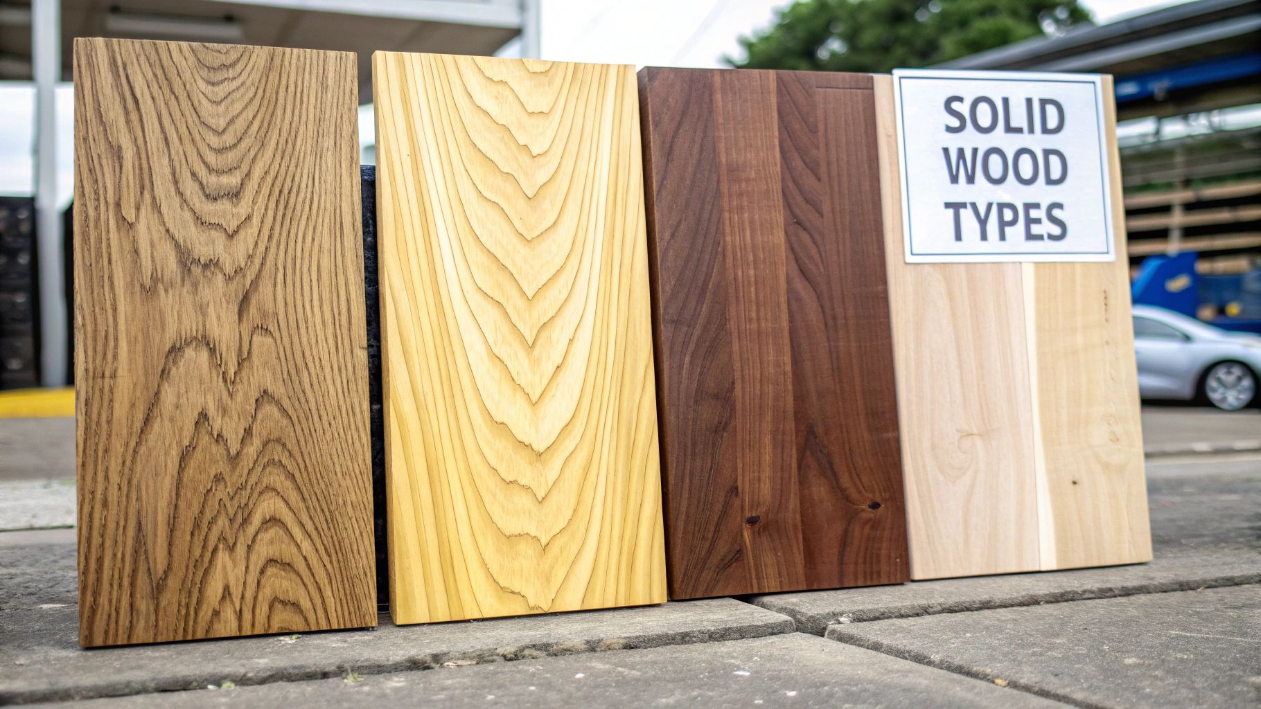 Four distinct solid wood planks showcasing different grains and colors, labeled as 'SOLID WOOD TYPES'.