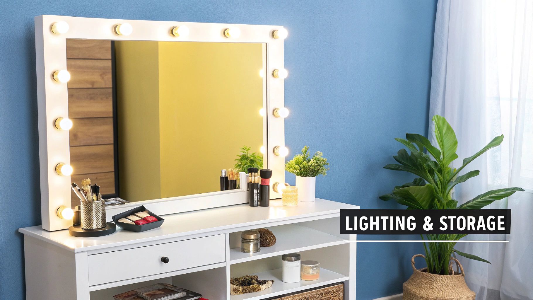 A modern bathroom showcasing layered lighting with a backlit mirror over a vanity.