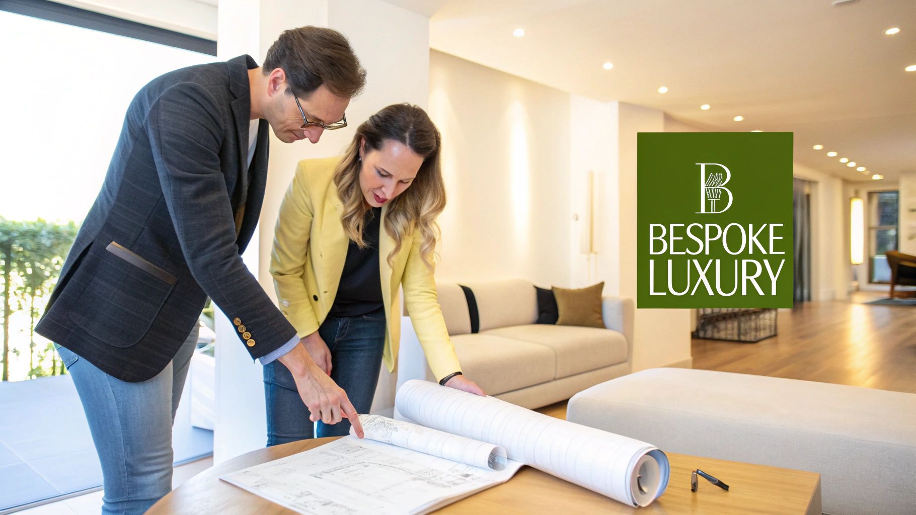 Two interior designers reviewing blueprints on a table in a bright, modern luxury home.