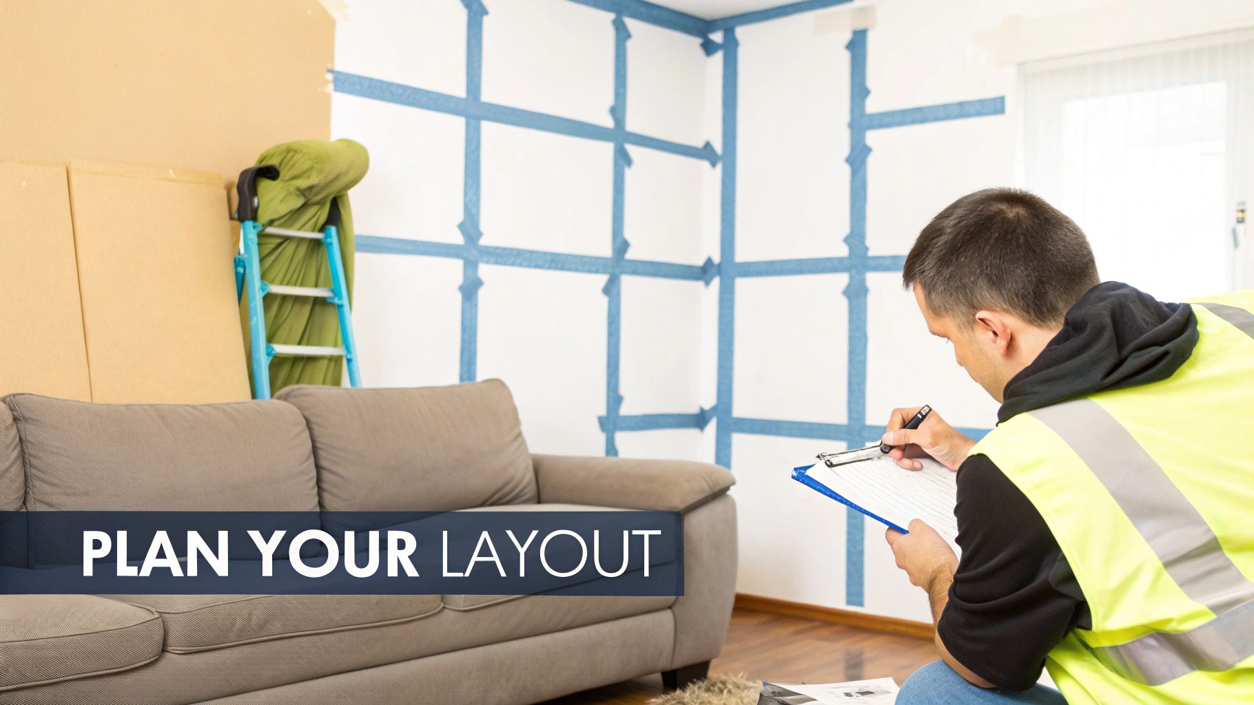 A man in a yellow vest plans a room layout, marking a wall with blue tape for design.