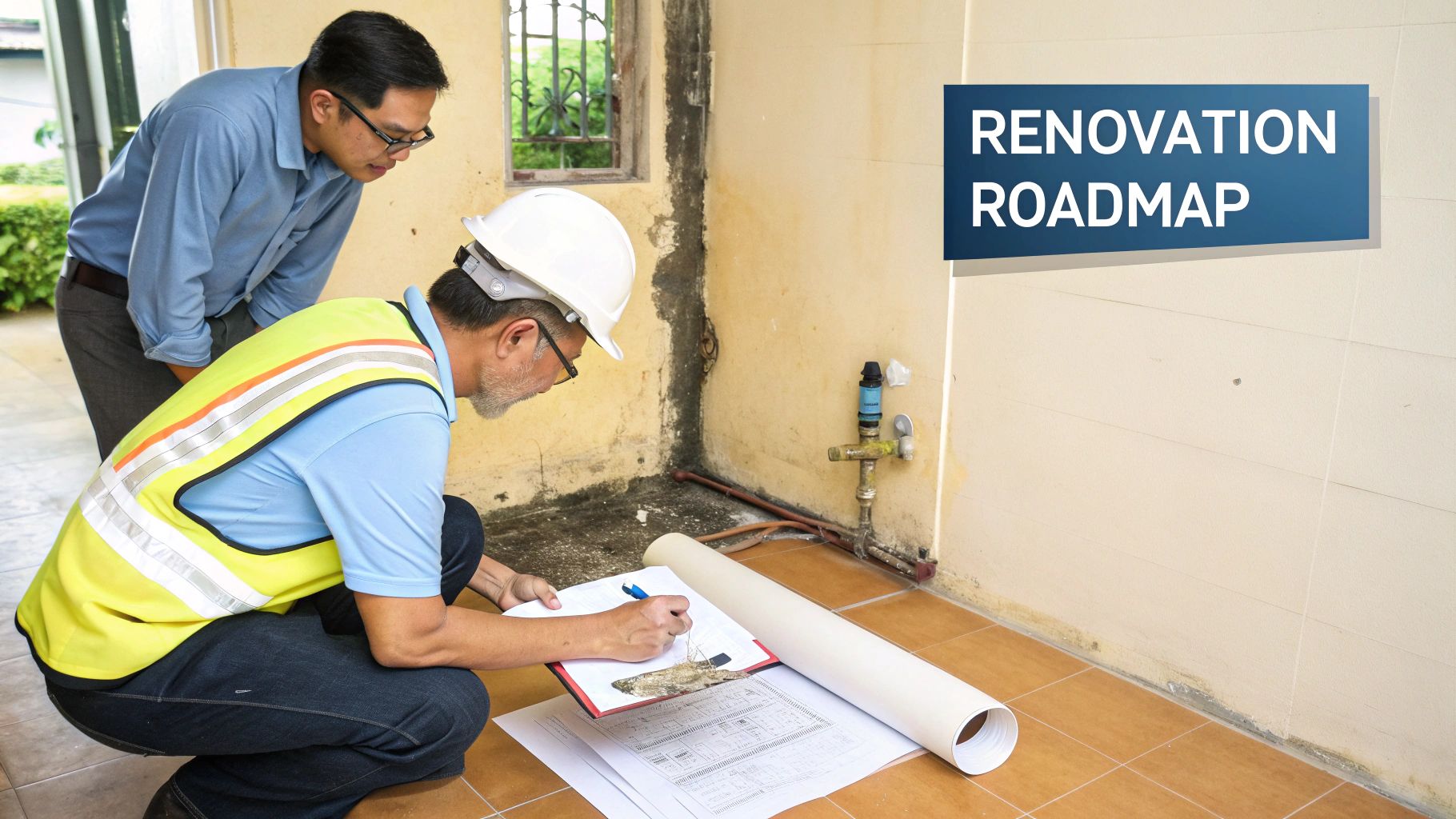 A contractor and client reviewing renovation plans and inspecting a wall with pipes for a project.