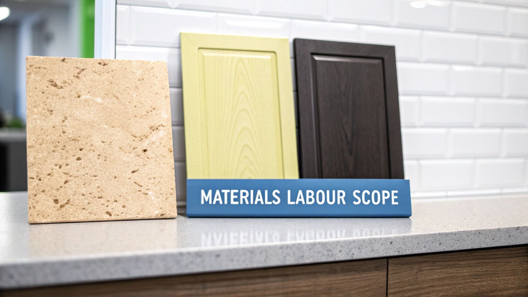 A close-up of a kitchen countertop showing the texture of the material, with modern cabinets in the background.