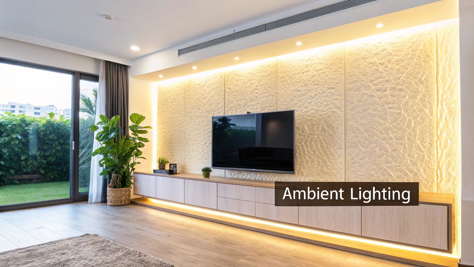 Modern living room with a light wood TV console, a textured feature wall, and warm ambient lighting.