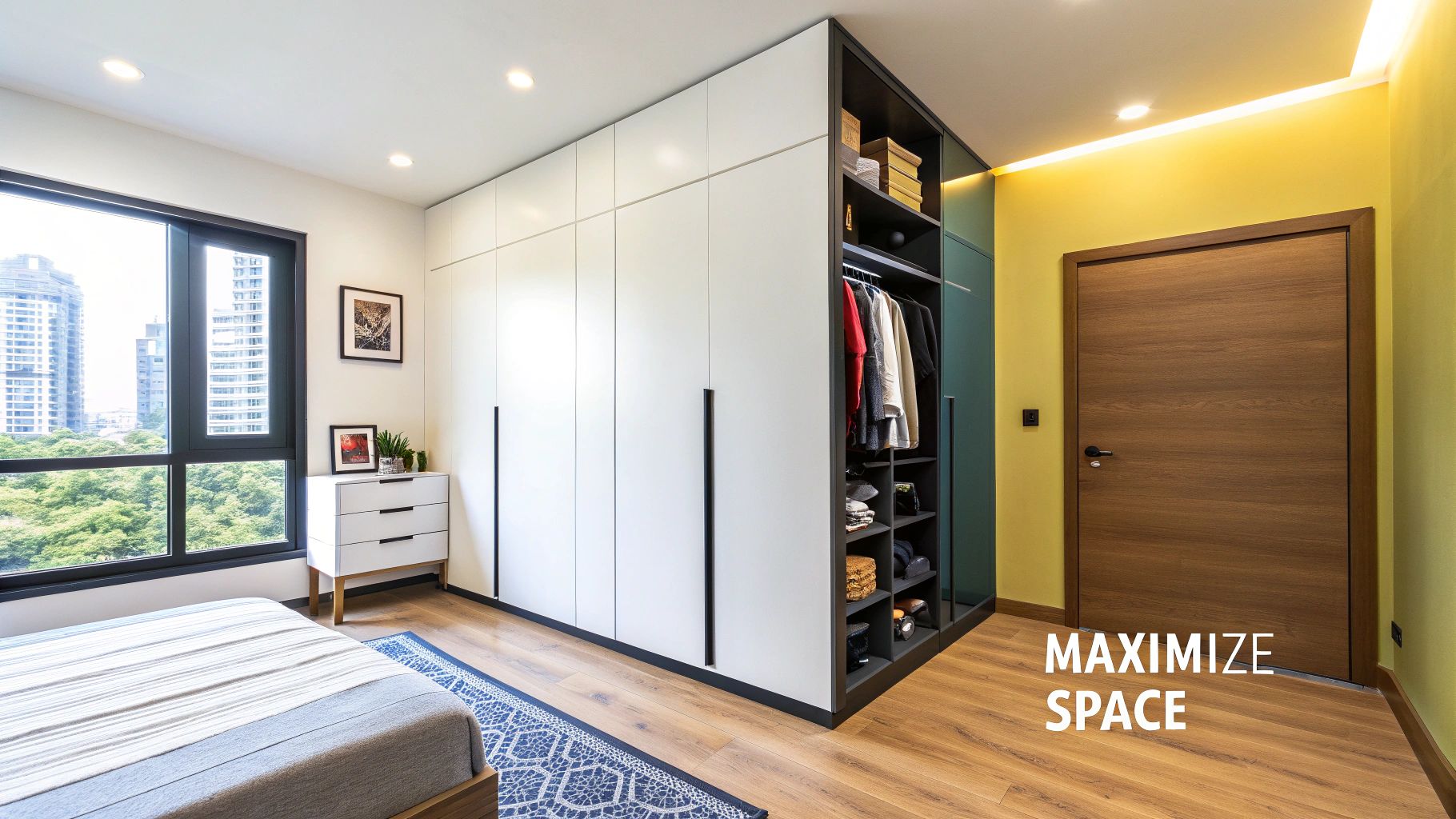 A modern, custom-built shelving unit integrated seamlessly into a living room wall in a Singapore home.