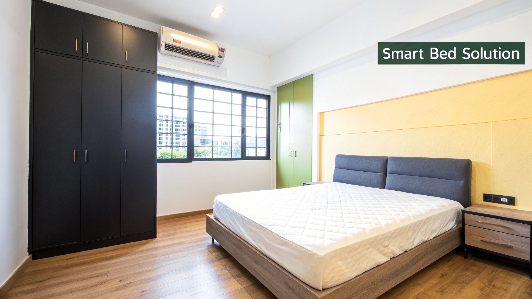 A bright and modern bedroom with a grey bed, nightstand, and sleek black and green wardrobes.