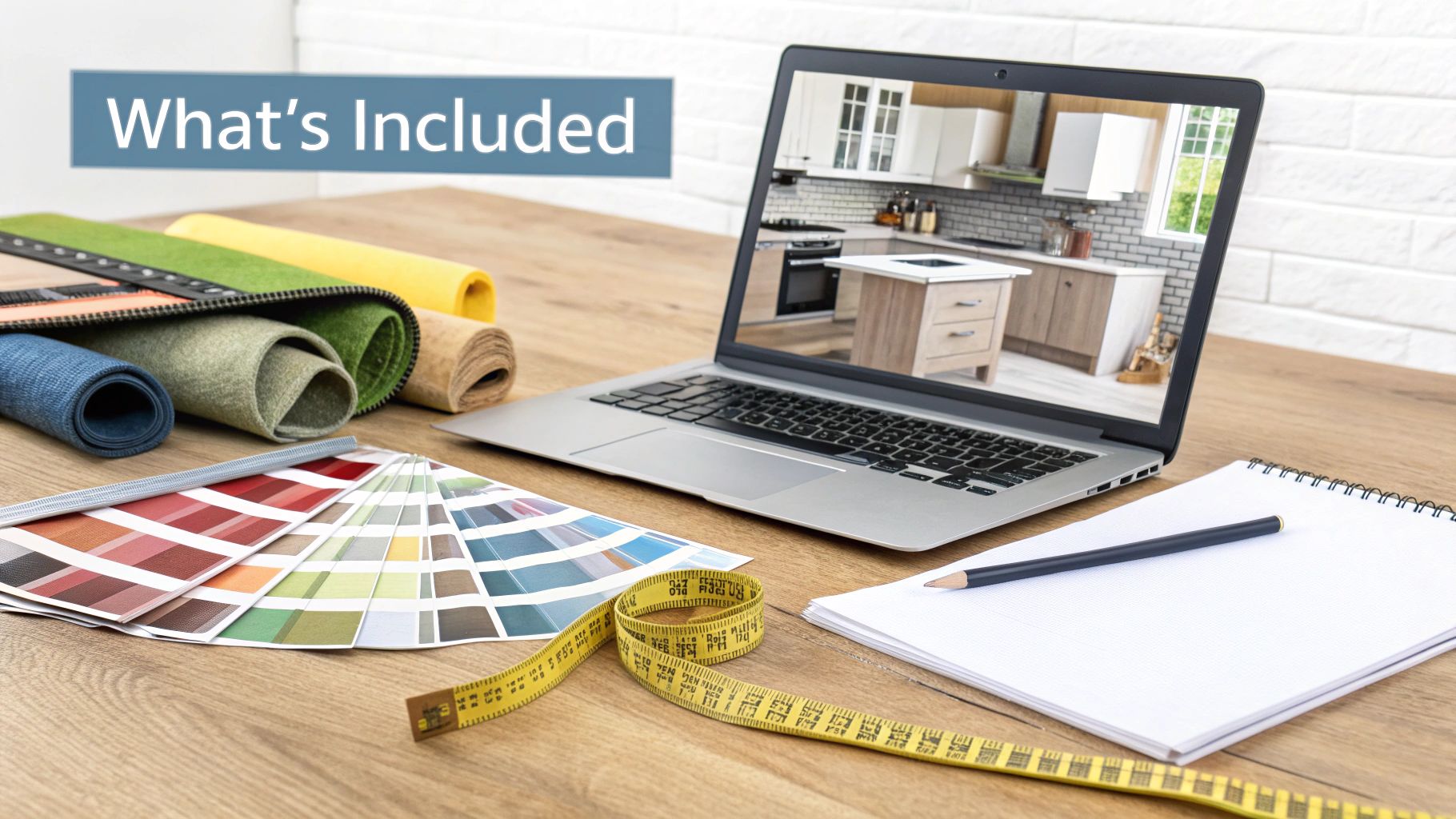 A laptop showing a modern kitchen design, fabric swatches, color palettes, measuring tape, and notebook on a wooden desk.