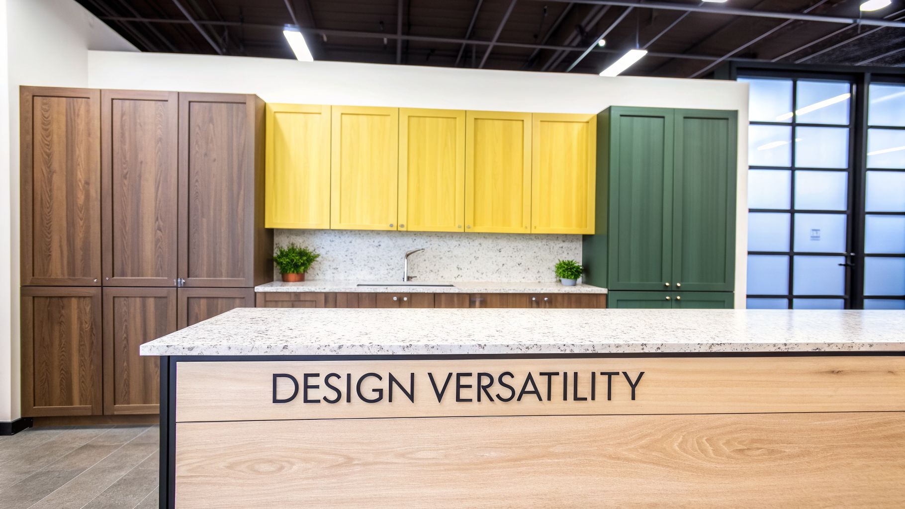 A modern kitchen showroom features brown wooden, bright yellow, and dark green cabinets with a granite countertop island.