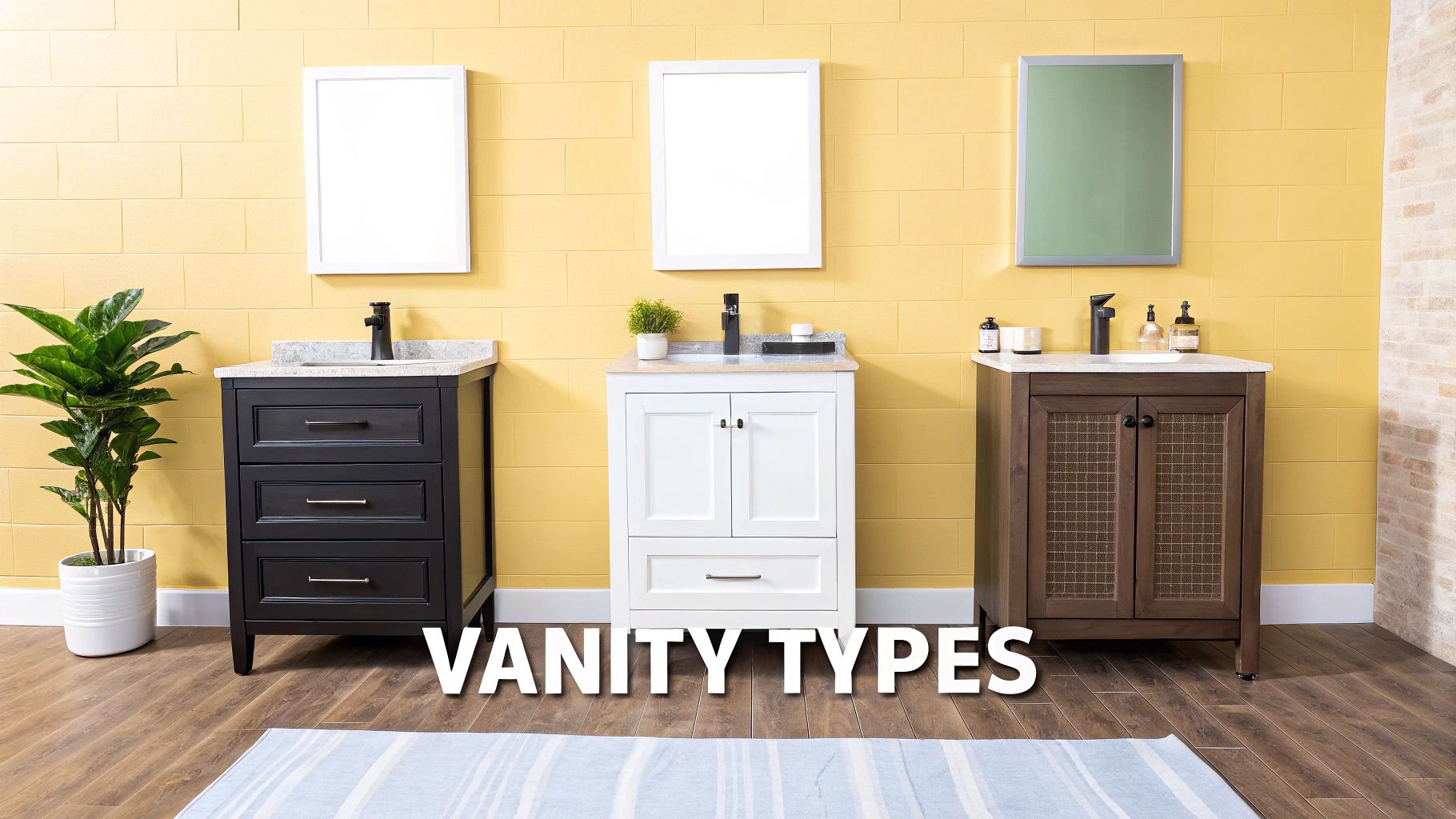 Three stylish bathroom vanity cabinets in black, white, and brown with mirrors, showcasing different designs.
