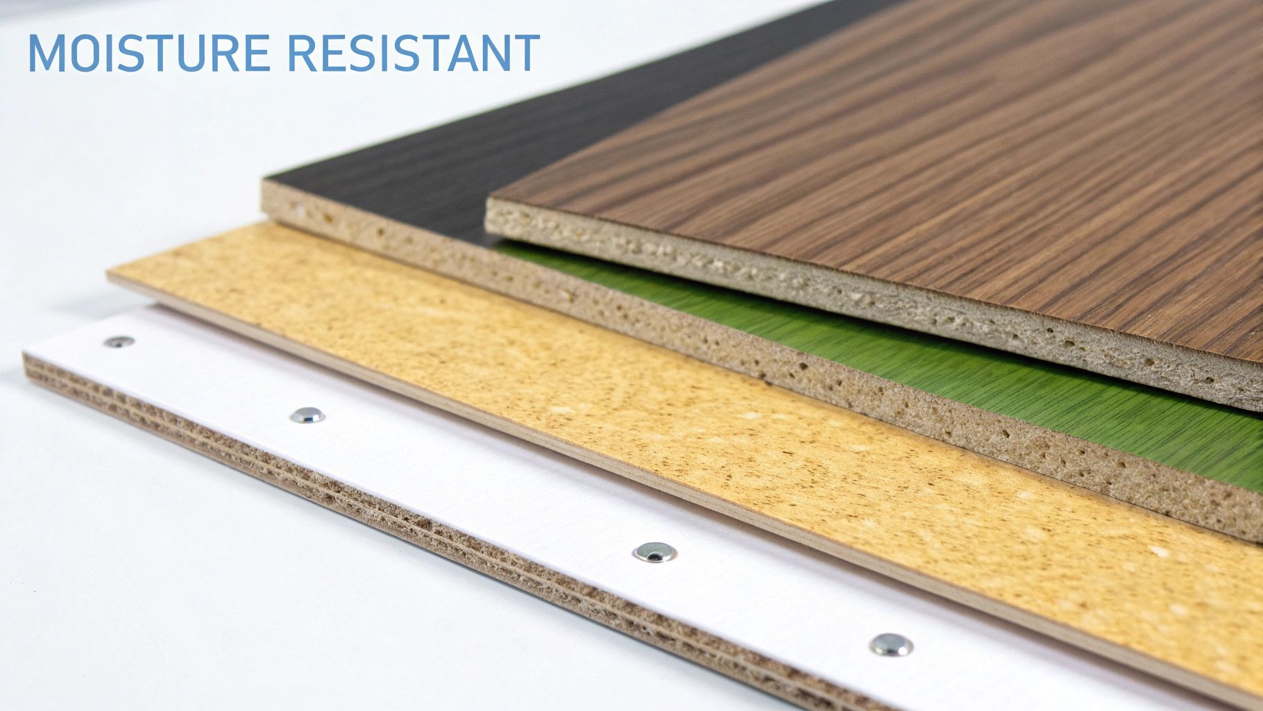 Close-up of various moisture-resistant layered wood boards with different finishes like wood grain, green, and white.