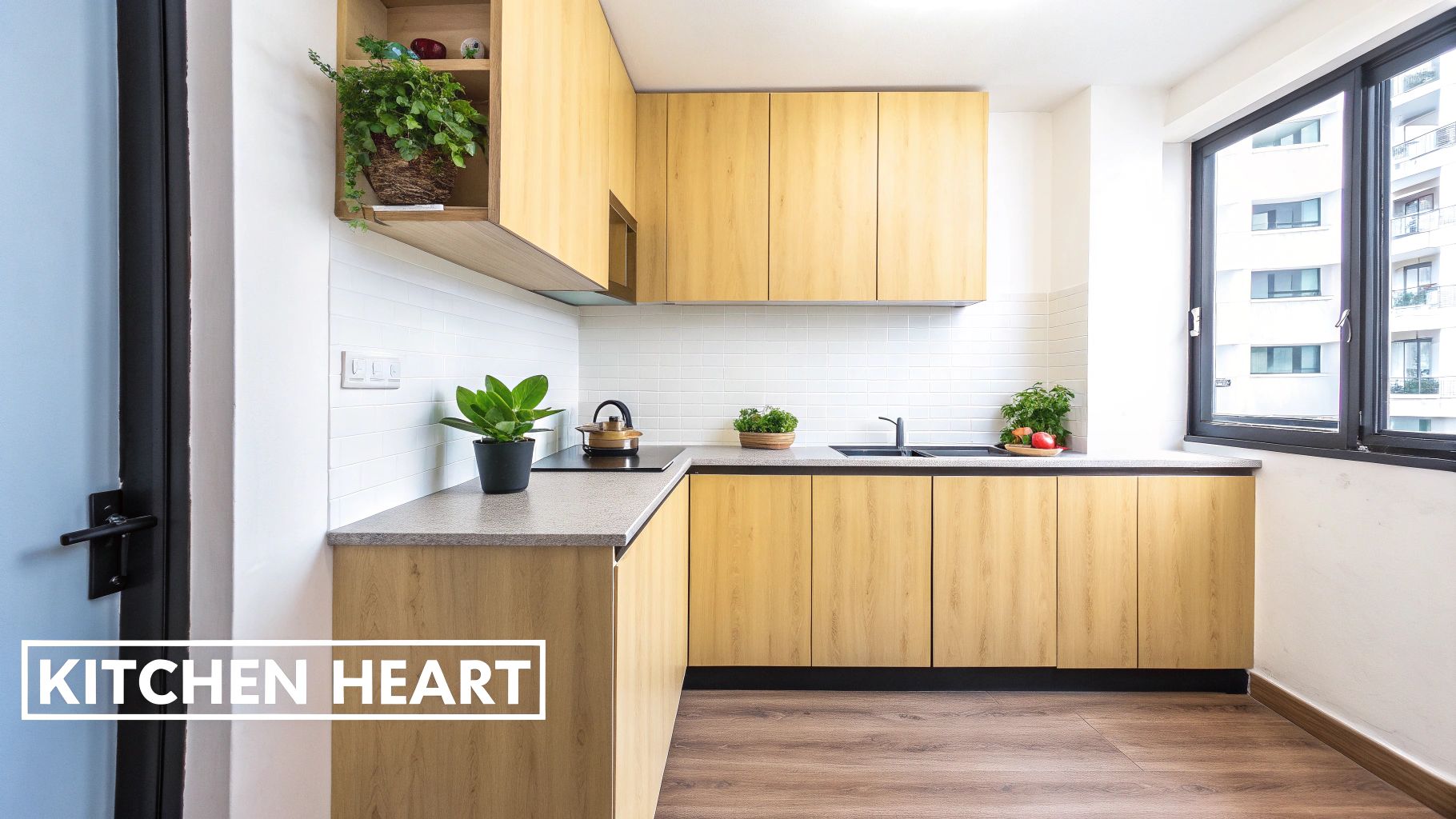 Bright, modern kitchen featuring light wood cabinets, white subway tile backsplash, and dark grey countertops.