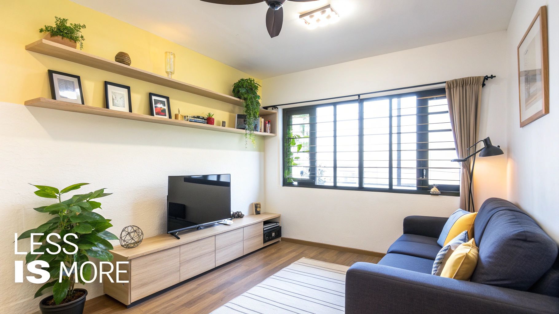 A bright modern minimalist living room with a navy sofa, wooden TV console, and wall shelves.